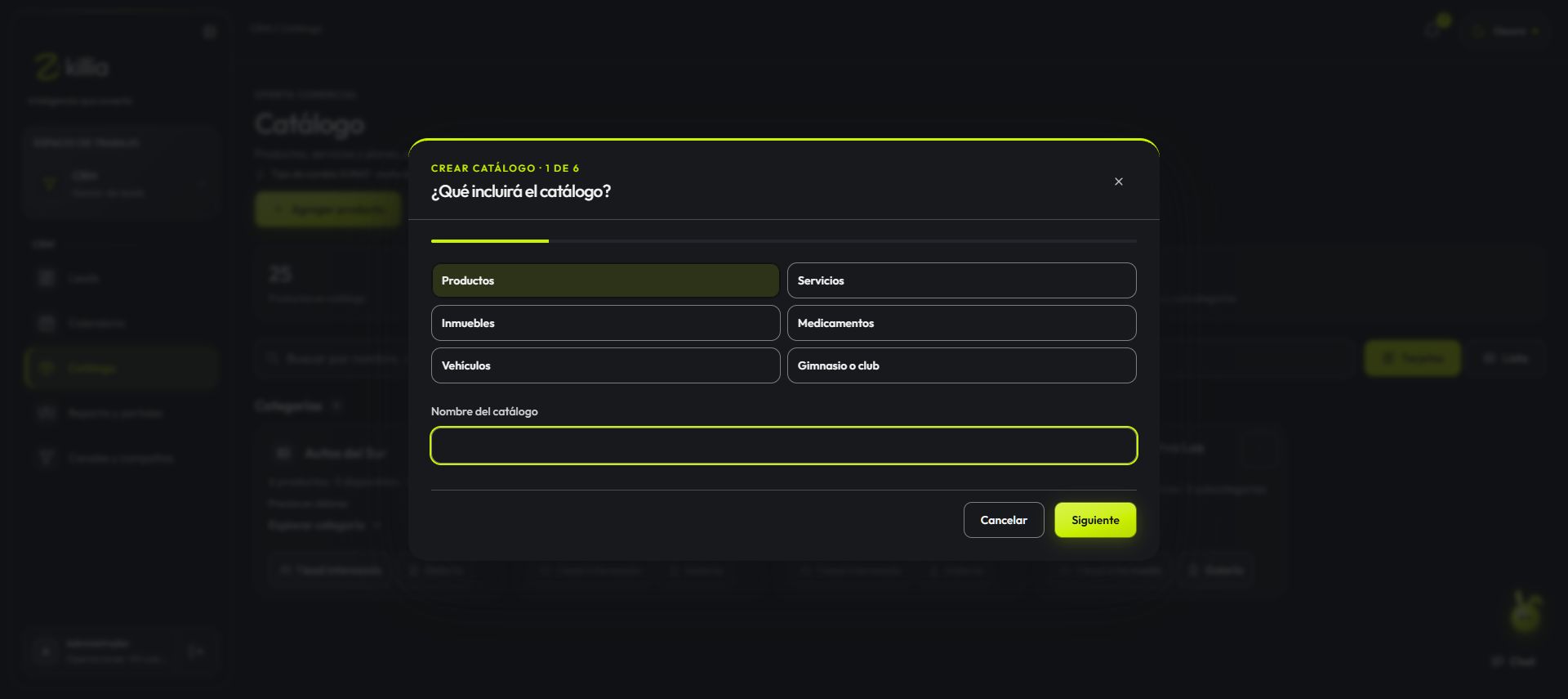 Pantalla real de Zkillia para crear el catálogo eligiendo productos, servicios, inmuebles, medicamentos, vehículos o planes