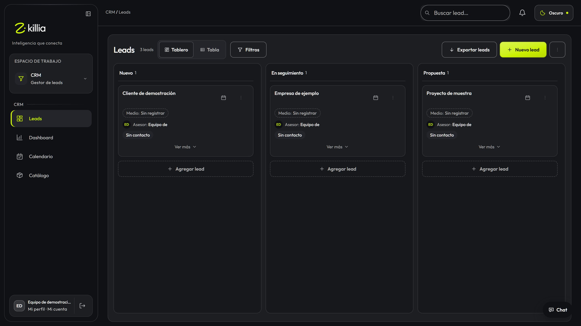 Tablero actual de Leads de Zkillia por etapa y responsable, con datos de demostración.