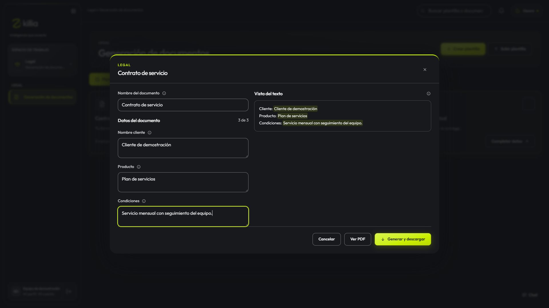 Tu formato. Tus datos.: vista real del software con datos de ejemplo